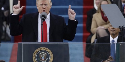 President Donald Trump delivers his inaugural address after being sworn in as the 45th president of the United States, Washington, Jan. 20, 2017 (AP photo by Patrick Semansky).
