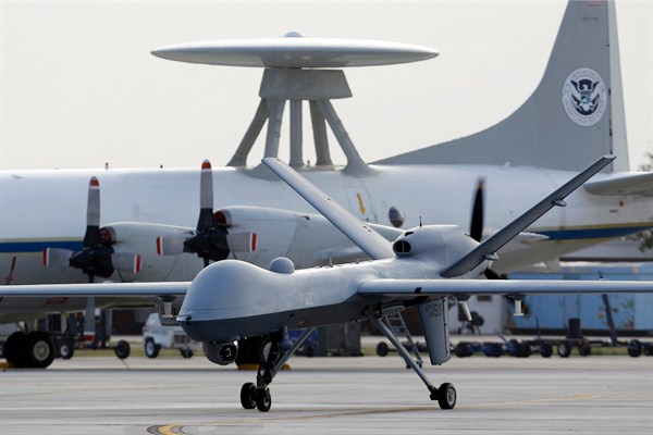 A Predator drone taxis at the Naval Air Station, Corpus Christi, Texas, Nov. 8, 2011 (AP photo by Eric Gay).