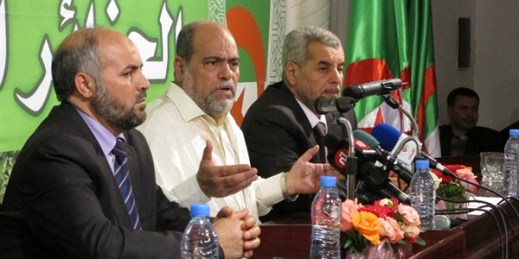 The former head of the Movement for a Society of Peace, Abou Djara Soltani, center, during a press conference with other Islamist politicians after legislative elections, May 11, 2012, Algiers (AP photo by Paul Schemm).