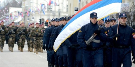 Members of the police forces of the largely autonomous entity of Republika Srpska during a parade marking a controversial national day, Banja Luka, Bosnia, Jan. 9, 2017 (AP photo by Radivoje Pavicic).