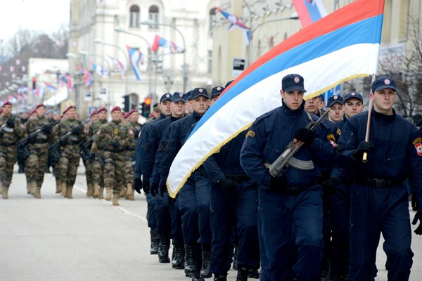 Members of the police forces of the largely autonomous entity of Republika Srpska during a parade marking a controversial national day, Banja Luka, Bosnia, Jan. 9, 2017 (AP photo by Radivoje Pavicic).