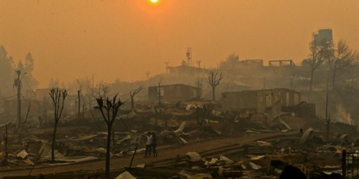 A neighborhood destroyed by wildfires in the village of Santa Olga, Chile, Jan. 26, 2017 (AP photo by Esteban Felix.)