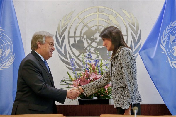 U.N. Secretary-General Antonio Guterres and U.S. Ambassador to the U.N. Nikki Haley at U.N. headquarters, New York, Jan. 27, 2017 (AP photo by Bebeto Matthews).