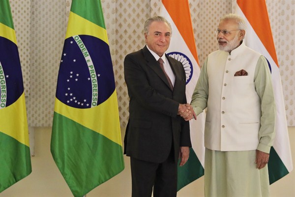 Indian Prime Minister Narendra Modi with Brazilian President Michel Temer, Goa, India, Oct. 17, 2016 (AP photo by Manish Swarup).