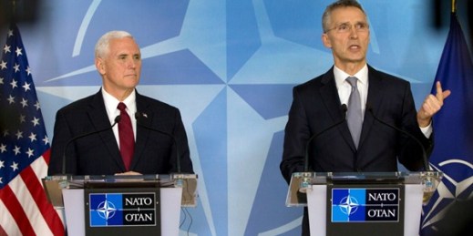 U.S. Vice President Mike Pence and NATO Secretary General Jens Stoltenberg at NATO headquarters, Brussels, Belgium, Feb. 20, 2017 (AP photo by Virginia Mayo).
