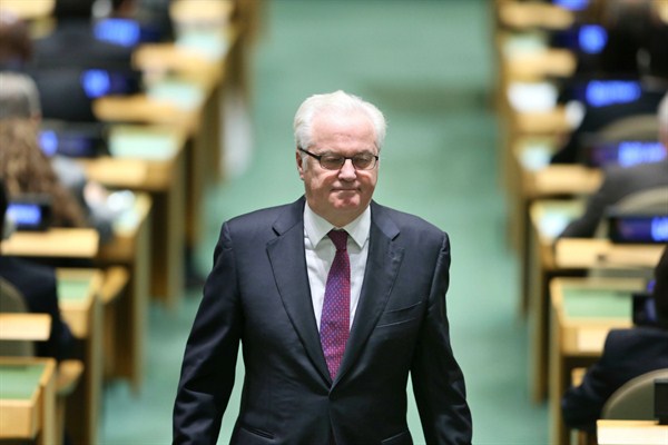 Russia's former U.N. Ambassador Vitaly Churkin returns to his seat after making a statement, New York, Oct. 13, 2016 (AP photo by Seth Wenig).