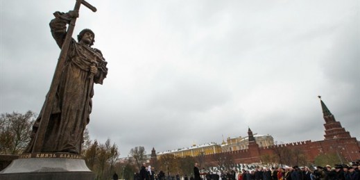 Russian President Vladimir Putin at the unveiling ceremony of a monument to Vladimir the Great outside the Kremlin, Moscow, Nov. 4, 2016 (AP photo by Alexander Zemlianichenko).