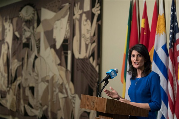 U.S. Ambassador to the U.N. Nikki Haley speaks to reporters after a Security Council meeting, New York, Feb. 16, 2017 (AP photo by Mary Altaffer).