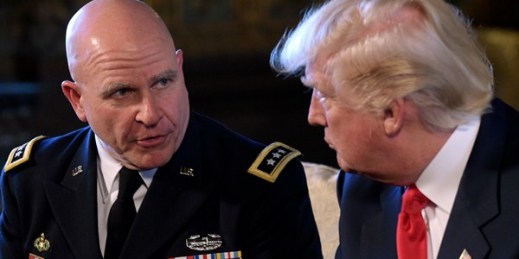 U.S. President Donald Trump speaks with Army Lt. Gen. H.R. McMaster, Feb. 20, 2017 (AP photo by Susan Walsh).