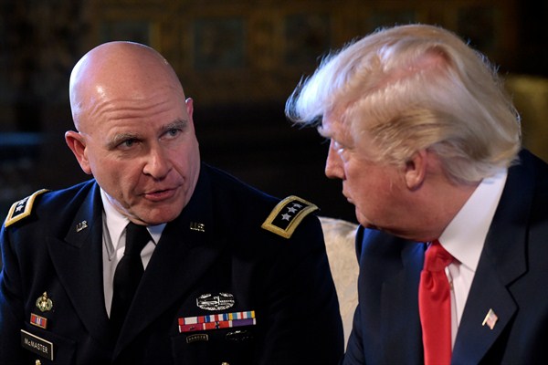 U.S. President Donald Trump speaks with Army Lt. Gen. H.R. McMaster, Feb. 20, 2017 (AP photo by Susan Walsh).