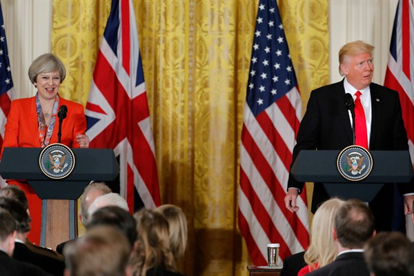 U.S. President Donald Trump during a joint news conference with British Prime Minister Theresa May, Washington D.C., Jan. 27, 2017 (AP photo by Pablo Martinez Monsivais).