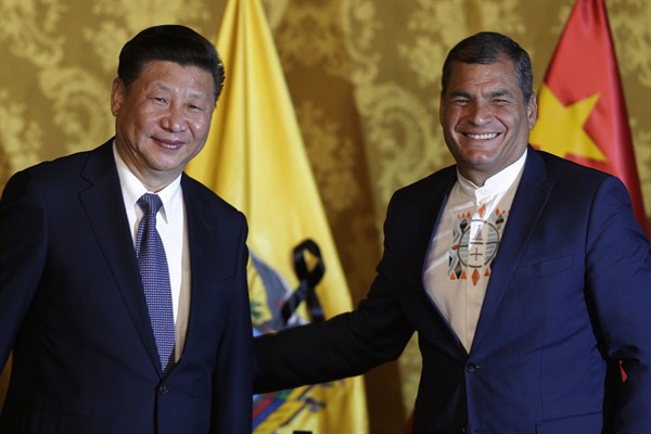 Ecuadorean President Rafael Correa and Chinese President Xi Jinping at a meeting, Quito, Ecuador, Nov. 17, 2016 (AP photo by Dolores Ochoa).