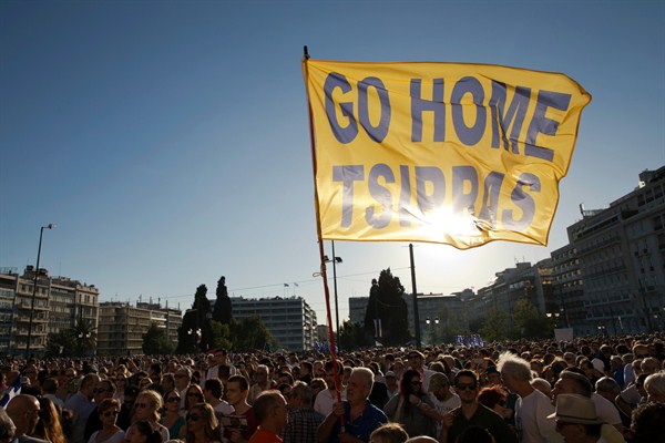 Thousands of anti-government protesters demand the resignation of Prime Minister Alexis Tsipras, Athens, June 15, 2016 (AP photo by Petros Giannakouris).