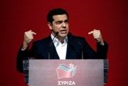 Greek Prime Minister Alexis Tsipras speaks to supporters of his Syriza party on the first anniversary of its general election victory, Athens, Jan. 24, 2016 (AP photo by Yorgos Karahalis).