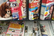 A newsstand displays Saturday papers including Nepszabadsag daily, Budapest, Hungary, Oct. 8, 2016 (AP photo by Andras Nagy).