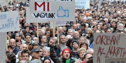 Hungarians attend a demonstration against the government's media law and against its new constitution, Budapest, Hungary, April 15, 2011 (AP photo by Bela Szandelszky).