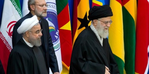 From left to right, Iranian President Hassan Rouhani, Parliament Speaker Ali Larijani and Supreme Leader Ayatollah Ali Khamenei at a conference on Palestine, Tehran, Iran, Feb. 21, 2017 (AP photo by Ebrahim Noroozi).