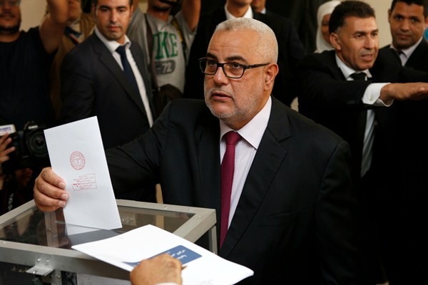 Abdelilah Benkirane, Morocco's prime minister and the leader of the Islamist Justice and Development Party, or PJD, casting his ballot for parliamentary elections, Rabat, Oct. 7, 2016 (AP photo by Abdeljalil Bounhar).