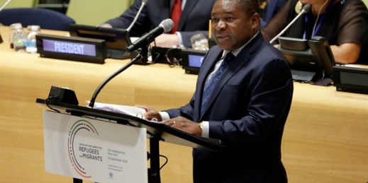 Mozambique’s president, Filipe Nyusi, addresses the United Nations Summit for Refugees and Migrants, New York, Sept. 19, 2016 (AP photo by Richard Drew).