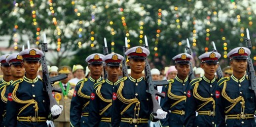 Members of the honor guard stand at attention during a ceremony to mark Myanmar's 69th anniversary of its independence, Naypyidaw, Myanmar, Jan. 4, 2017 (AP photo by Aung Shine Oo).