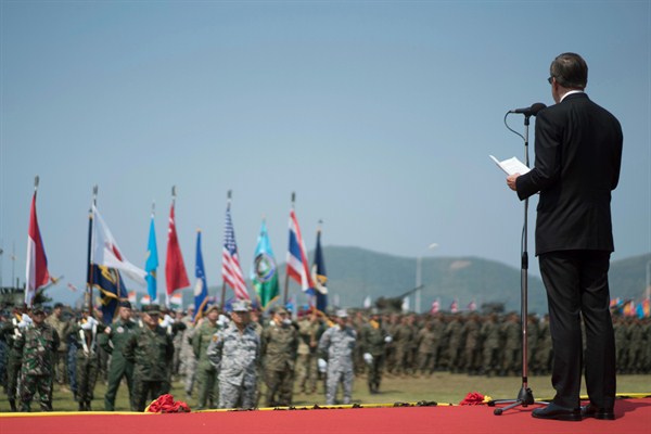 U.S. Ambassador to Thailand Glyn T. Davies addresses troops participating in the Cobra Gold military exercises, Sattahip, Thailand, Feb. 14, 2017 (AP photo by Dake Kang).