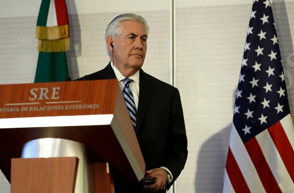 U.S. Secretary of State Rex Tillerson at a press conference in Mexico City, Feb. 23, 2017 (AP photo by Rebecca Blackwell).