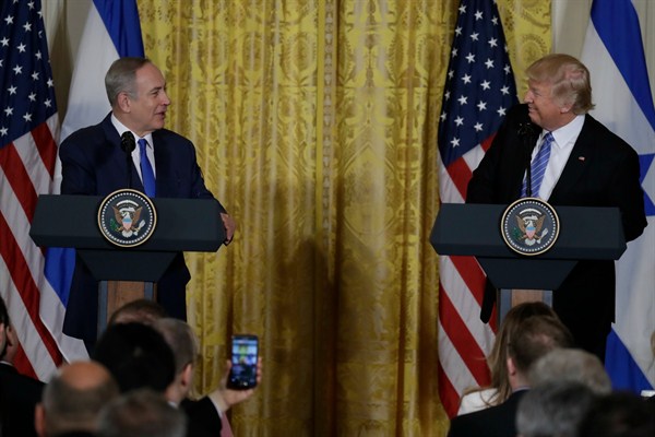 President Donald Trump and Israeli Prime Minister Benjamin Netanyahu during a joint news conference in the East Room of the White House, Washington, Feb. 15, 2017 (AP photo by Evan Vucci).