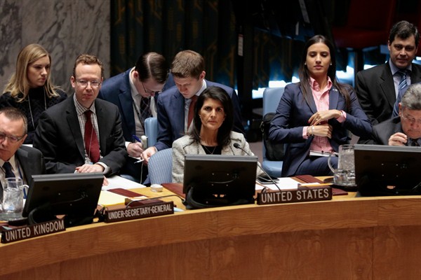 U.S. Ambassador to the U.N. Nikki Haley at a Security Council debate on trafficking, New York, March 15, 2017 (EuropaNewswire photo by Luiz Rampelotto via AP).
