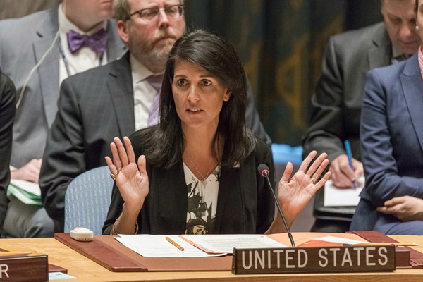 Nikki Haley, the U.S. ambassador to the U.N., speaks during a Security Council meeting on the peacekeeping mission in Democratic Republic of Congo, New York, March 31, 2017 (Albin Lohr-Jones for Sipa via AP Images).