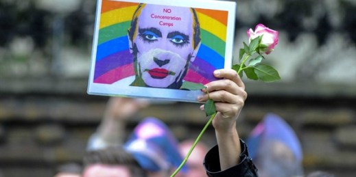 Activists outside the Russian Embassy protest against the treatment of suspected gay and bisexual men in Chechnya, London, April 12, 2017 (Rex Features photo via AP Images).