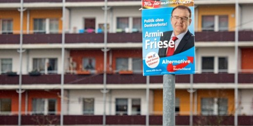 An AfD election poster, Halberstadt, Germany, March 7, 2016 (AP photo by Jens Meyer).