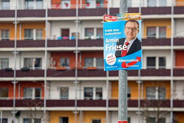 An AfD election poster, Halberstadt, Germany, March 7, 2016 (AP photo by Jens Meyer).