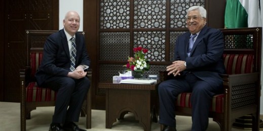 Jason Greenblatt, Donald Trump's special representative for international negotiations, meets with Palestinian President Mahmoud Abbas, Ramallah, March 14, 2017 (AP Photo by Majdi Mohammed).