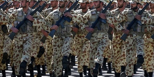 Iranian troops march during a parade marking National Army Day in front of the mausoleum of the country's first Supreme Leader, Ayatollah Ruhollah Khomeini, just outside Tehran, Iran, April 18, 2017 (AP photo by Vahid Salemi).