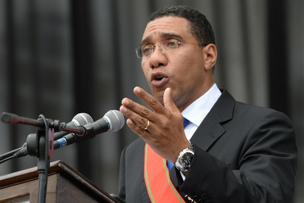 Jamaican Prime Minister Andrew Holness speaks after being sworn into office, Kingston, Jamaica, March 3, 2016 (AP photo by Collin Reid).