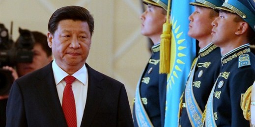 China's president, Xi Jinping, reviews an honor guard during a welcome ceremony, Astana, Kazakhstan, May 7, 2015 (AP photo by Alexei Filippov).