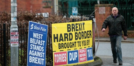 Republican posters opposing Brexit, West Belfast, Northern Ireland, Feb. 28, 2017 (AP photo by Peter Morrison).