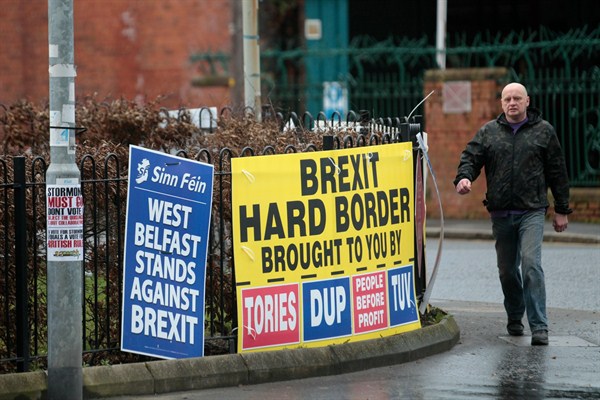 Republican posters opposing Brexit, West Belfast, Northern Ireland, Feb. 28, 2017 (AP photo by Peter Morrison).
