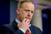 Sean Spicer, the White House press secretary, pauses while speaking to the media during a press briefing, Washington, April 11, 2017 (AP photo by Andrew Harnik).
