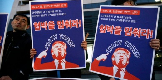 South Korean protesters hold images of U.S. President Donald Trump during a rally denouncing U.S. policy on North Korea, Seoul, South Korea, April 12, 2017 (AP photo by Ahn Young-joon).
