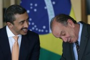 Sheikh Abdullah bin Zayed Al Nahyan, foreign minister for the United Arab Emirates, talks with his Brazilian counterpart, Aloysio Nunes, during a signing ceremony on his recent South America trip, Brasilia, March 16, 2017 (AP photo by Eraldo Peres).
