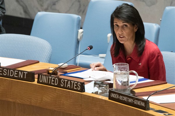 United States Ambassador to the United Nations Nikki Haley speaks during a Security Council meeting on Syria, New York, April 7, 2017 (AP photo by Mary Altaffer).