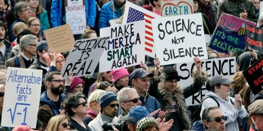 Members of the scientific community and environmental advocates hold a rally, Feb. 19, 2017, Boston (AP photo by Steven Senne).