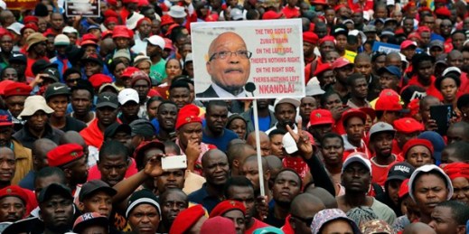 Opposition demonstrators gather on the lawns of the Union Buildings, Pretoria, South Africa, April 12, 2017 (AP photo by Denis Farrell).