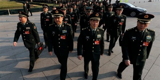 Delegates from the People's Liberation Army Navy arrive at the Great Hall of the People, Beijing, March 4, 2017 (AP photo by Andy Wong).
