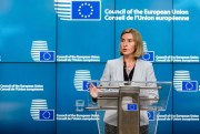 European Union foreign policy chief Federica Mogherini addresses the media after a meeting of EU foreign and defense ministers, Brussels, May 18, 2017 (AP photo by Geert Vanden Wijngaert).