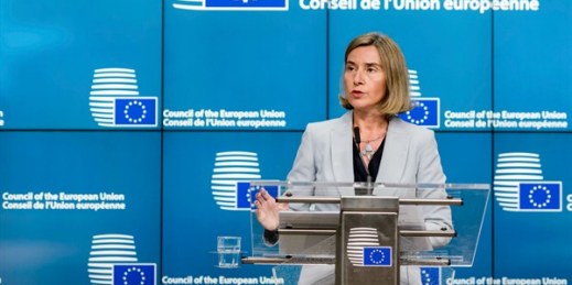 European Union foreign policy chief Federica Mogherini addresses the media after a meeting of EU foreign and defense ministers, Brussels, May 18, 2017 (AP photo by Geert Vanden Wijngaert).