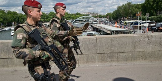 French soldiers walk over the Mirabeau bridge, Paris, France, May 20, 2017 (AP photo by Michel Euler).