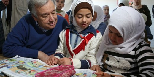 U.N. Secretary-General Antonio Guterres talks to Syrian refugees in a classroom at the U.N.-run Zaatari camp for Syrian refugees, northern Jordan, March 28, 2017 (AP photos by Raad Adayleh).