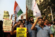 Indian activists stage a protest rally near the U.S. Consulate demanding a probe into the attacks and killings of Indians in the United States, Kolkata, March 7, 2017 (AP photo by Bikas Das).